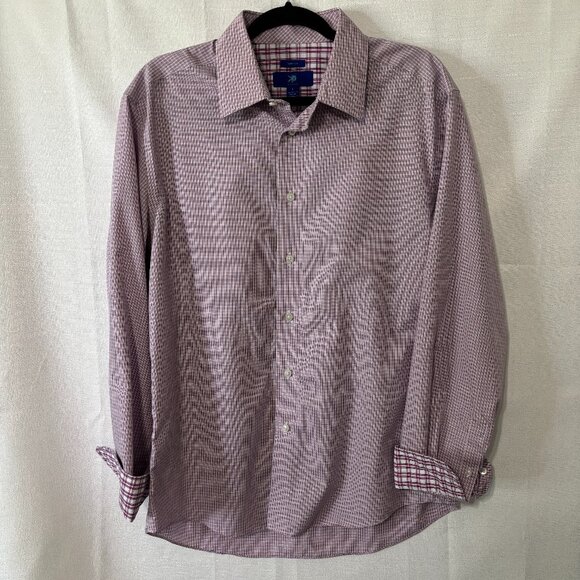 Egara Non-Iron LS Dress Shirt Men's Large Red Pink White Plaid Check Flip Cuff - Picture 2 of 7